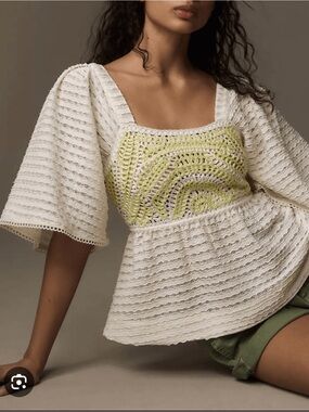 Anthropologie Sarah Hann Cream Tunic with Lime Crochet Details